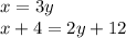 x = 3y \\ x + 4 = 2y + 12