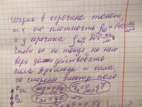 Куля радіусом 1 см, що має заряд 5 нКл, поміщена у гас. Густина матеріалу, з якого виготовлена куля,