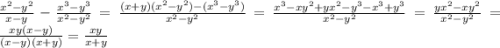 \frac{x^{2}-y^{2}}{x-y}-\frac{x^{3}-y^{3}}{x^{2}-y^{2}}=\frac{(x+y)(x^{2}-y^{2})-(x^{3}-y^{3} )}{x^{2}-y^{2}}=\frac{x^{3}-xy^{2}+yx^{2}-y^{3}-x^{3}+y^{3}}{x^{2}-y^{2}}=\frac{yx^{2}-xy^{2}}{x^{2}-y^{2}}=\frac{xy(x-y)}{(x-y)(x+y)}=\frac{xy}{x+y}