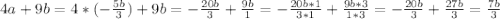 4a+9b=4*(-\frac{5b}{3} )+9b=-\frac{20b}{3} +\frac{9b}{1} =-\frac{20b*1}{3*1} +\frac{9b*3}{1*3}=-\frac{20b}{3} +\frac{27b}{3} =\frac{7b}{3}