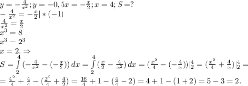 y=-\frac{4}{x^2} ;y=-0,5x=-\frac{x}{2} ; x=4;S=?\\-\frac{4}{x^2}=-\frac{x}{2} |*(-1)\\\frac{4}{x^2} =\frac{x}{2}\\ x^3=8\\x^3=2^3\\x=2.\Rightarrow\\S=\int\limits^4_2 {(-\frac{4}{x^2}-(-\frac{x}{2} ))} } \, dx=\int\limits^4_2 {(\frac{x}{2}-\frac{4}{x^2}) } \, dx =(\frac{x^2}{4}-(-\frac{4}{x}))|_2^4=(\frac{x^2}{4}+\frac{4}{x})|_2^4 =\\=\frac{4^2}{4} +\frac{4}{4} -(\frac{2^2}{4}+\frac{4}{2})= \frac{16}{4}+1-(\frac{4}{4} +2)=4+1-(1+2)=5-3=2.