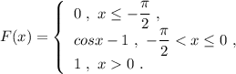 F(x)=\left\{\begin{array}{l}0\ ,\ x\leq -\dfrac{\pi}{2}\ ,\\cosx-1\ ,\ -\dfrac{\pi}{2}0\ .\end{array}\right