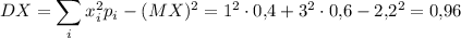 \displaystyle DX=\sum_ix_i^2p_i-(MX)^2=1^2\cdot 0{,}4+3^2\cdot 0{,}6-2{,}2^2=0{,}96