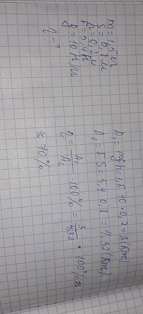 Груз, масса которого 1,5 кг, ученик равномерно переместил к вершине наклонной плоскости длиной 0,8 м