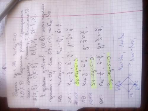 Уравнение одной из сторон ромба 3x + 4y -5 = 0. Написать уравнения остальных его сторон, если диагон