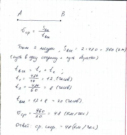 Автобус из города А в город В добрался со скоростью 40км/час и обратно приехал со скоростью 60км/час