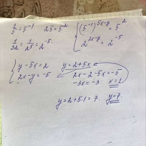 решить систему неравенств (1/5) ^5x-y=25 2^2x-y=1/32