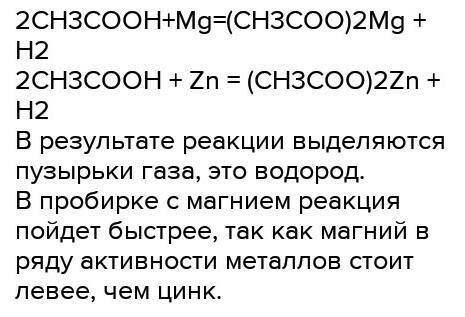 Взаимодействие уксусной кислоты с металлами. В одну пробирку положить гранулу цинка, в другую порошо