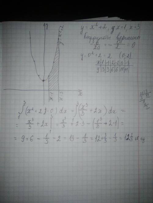 Найти площадь криволинейной трапеции, ограниченной линиями у=х^2+2; х=1; х=3 и осью ОХ