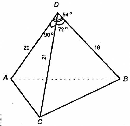 В тетраэдре DABC дано угол ADB равен 54^0, угол BDC равен 72^0, угол CDA равен 90^0, DA=20см, DB=18с
