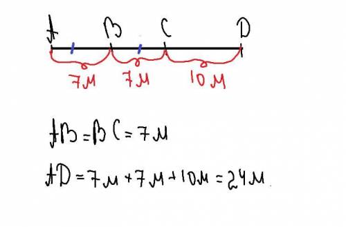 7. Точки A, B, C, D лежать на однійпрямій, В – середина АС, ВС = 7 м,CD = 10 м.Знайдіть AD.​