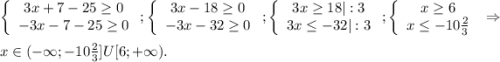 \left\{\begin{array}{ccc}3x+7-25\geq0 \\-3x-7-25\geq0 \\\end{array}\right;\left\{\begin{array}{ccc}3x-18\geq0 \\-3x-32\geq0\\\end{array}\right;\left\{\begin{array}{ccc}3x\geq 18|:3\\3x\leq-32|:3 \\\end{array}\right;\left\{\begin{array}{ccc}x\geq 6\\x\leq-10\frac{2}{3} \\\end{array}\right\Rightarrow\\ x\in(-\infty;-10\frac{2}{3} ]U[6;+\infty).