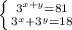 \left \{ {{3^{x+y}=81} \atop {3^x+3^y=18}} \right.