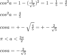 cos^2a=1-(\frac{1}{\sqrt{5} } )^2=1-\frac{1}{5} =\frac{4}{5} \\\\cos^2a=\frac{4}{5}\\ \\cosa=+-\sqrt{\frac{4}{5} } =+-\frac{2}{\sqrt{5} } \\\\\pi