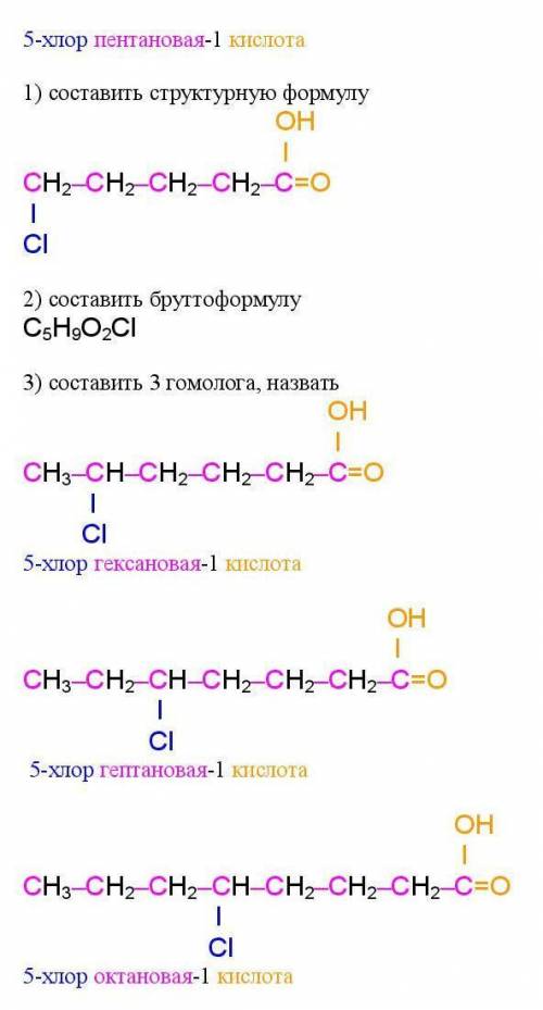 5-хлор пентановая -1 кислота 1) составить структурную формулу 2) составить бруттоформулу 3) составит