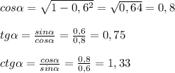 cos\alpha =\sqrt{1-0,6^{2} } =\sqrt{0,64} =0,8\\\\tg\alpha =\frac{sin\alpha }{cos\alpha } =\frac{0,6}{0,8} =0,75\\\\ctg\alpha =\frac{cos\alpha }{sin\alpha } =\frac{0,8}{0,6} =1,33