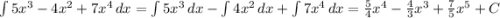 \int\limits {5x^3-4x^2+7x^4} \, dx = \int\limits {5x^3} \, dx -\int\limits {4x^2} \, dx +\int\limits {7x^4} \, dx =\frac{5}{4} x^4-\frac{4}{3} x^3+\frac{7}{5} x^5+C