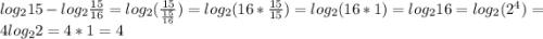 log_215-log_2\frac{15}{16} =log_2(\frac{15}{\frac{15}{16}} )=log_2(16*\frac{15}{15})=log_2(16*1)=log_216=log_2(2^4)=4log_22=4*1=4