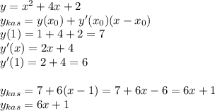 y=x^2+4x+2\\y_{kas}=y(x_0)+y'(x_0)(x-x_0)\\y(1)=1+4+2=7\\y'(x)=2x+4\\y'(1)=2+4=6\\\\y_{kas}=7+6(x-1)=7+6x-6=6x+1\\y_{kas}=6x+1\\\\