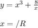 y = {x}^{3} + \frac{8}{x \\ } \\ \\ x =/R