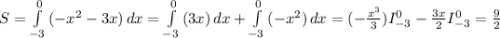 S= \int\limits^0_{-3} {(-x^{2}-3x )} \, dx = \int\limits^0_{-3} {(3x )} \, dx + \int\limits^0_{-3} {(-x^{2} )} \, dx = (-\frac{x^{3} }{3})I_{-3} ^{0} - \frac{3x}{2} I_{-3} ^{0} = \frac{9}{2}