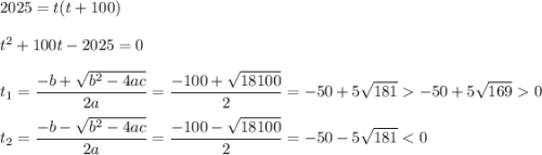 \displaystyle 2025 = t(t + 100)\\\\t^2 + 100t - 2025=0 \\\\t_1 = \frac{-b+\sqrt{b^2-4ac} }{2a} = \frac{ -100 + \sqrt{18100} }{2} = -50 +{5\sqrt{181} } -50 + {5\sqrt{169} } 0 \\\\t_2 = \frac{-b-\sqrt{b^2-4ac} }{2a} = \frac{ -100 - \sqrt{18100} }{2} = -50 -{5\sqrt{181} } < 0