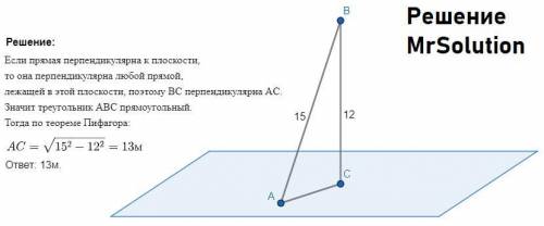 Из точки к плоскости α проведена наклонная и перпендикуляр равные 15 и 12м. Найти проекцию перпендик