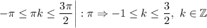 \displaystyle -\pi \leq \pi k \leq \frac{3\pi}{2} \bigg| : \pi \Rightarrow -1 \leq k \leq \frac{3}{2}, \ k \in \mathbb{Z}