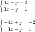 \displaystyle\left \{ {{4x-y=2} \atop {3x-y=1}} \right.\\ \\\\\left \{ {{-4x+y=-2} \atop {3x-y=1}} \right.