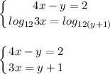 \displaystyle\left \{ {{4x-y=2} \atop {log_{12}3x =log_{12(y+1)} }} \right.\\\\ \\\left \{ {{4x-y=2} \atop {3x=y+1}} \right. \\\\\\