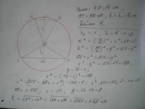 у колі по різні сторони від його центра проведено Дві паралельні хорди завдовжки 16 см і 32 см. відс