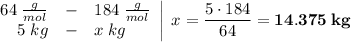 \left.\begin{array}{rcl}64\;\frac{g}{mol} &-& 184\;\frac{g}{mol} \\5\;kg &-& x\;kg\end{array}\right|\;x = \dfrac{5 \cdot 184}{64} = \bf{14.375\;kg}