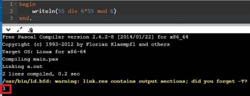 Результат виконання команди 55 div 6*55 mod 6.