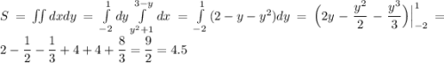 S= \iint{dxdy}=\int\limits_{-2}^1{dy}\int\limits_{y^2+1}^{3-y}{dx}=\int\limits_{-2}^1{(2-y-y^2)dy}=\Big(2y-\dfrac{y^2}{2}-\dfrac{y^3}{3}\Big)\Big|^{1}_{-2}=2-\dfrac{1}{2}-\dfrac{1}{3}+4+4+\dfrac{8}{3}=\dfrac{9}{2}=4.5