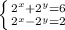 \left \{ {{2^{x} +2^{y} =6} \atop {2^{x} -2^{y} =2}} \right.