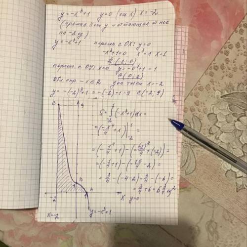 Вычислите площадь фигуры, ограниченной линиями у = -х3 + 1, у = 0 и х = -2. ( х - в кубе С ГРАФИКОМ,