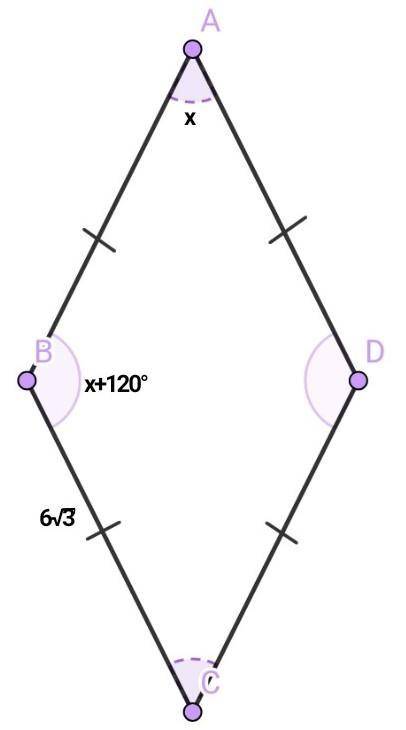 Один з кутів ромба на 120° більший за другий ,а сторона ромба дорівнює 6√3. Знайдіть площу ромба отв