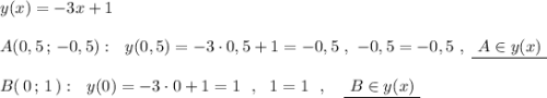 y(x)=-3x+1\\\\A(0,5\, ;\, -0,5):\ \ y(0,5)=-3\cdot 0,5+1=-0,5\ ,\ -0,5=-0,5\ ,\ \underline {\ A\in y(x)\ }\\\\B(\, 0\, ;\, 1\, ):\ \ y(0)=-3\cdot 0+1=1\ \ ,\ \ 1=1\ \ ,\ \ \ \underline {\ B\in y(x)\ }