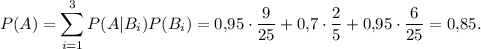 P(A)=\displaystyle \sum_{i=1}^3P(A|B_i)P(B_i)=0{,}95\cdot \dfrac{9}{25}+0{,}7\cdot \dfrac{2}{5}+0{,}95\cdot \dfrac{6}{25}=0{,}85.