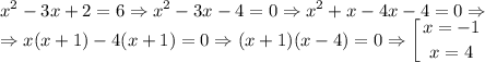 \displaystyle x^2-3x+2=6 \Rightarrow x^2-3x-4=0 \Rightarrow x^2+x-4x-4=0 \Rightarrow \\ \Rightarrow x(x+1)-4(x+1)=0 \Rightarrow (x+1)(x-4)=0 \Rightarrow \left [ {{x=-1} \atop {x=4}} \right.