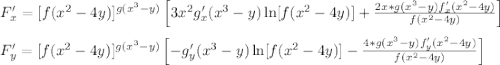 F'_x =[f(x^2-4y)]^{g(x^3-y)}\left[3x^2g'_x(x^3-y) \ln [f(x^2-4y)] + \frac{2x *g(x^3-y)f'_x(x^2-4y)}{f(x^2-4y)}\right]\\ \\F'_y =[f(x^2-4y)]^{g(x^3-y)}\left[-g'_y(x^3-y) \ln [f(x^2-4y)]-\frac{4*g(x^3-y)f'_y(x^2-4y)}{f(x^2-4y)}\right]