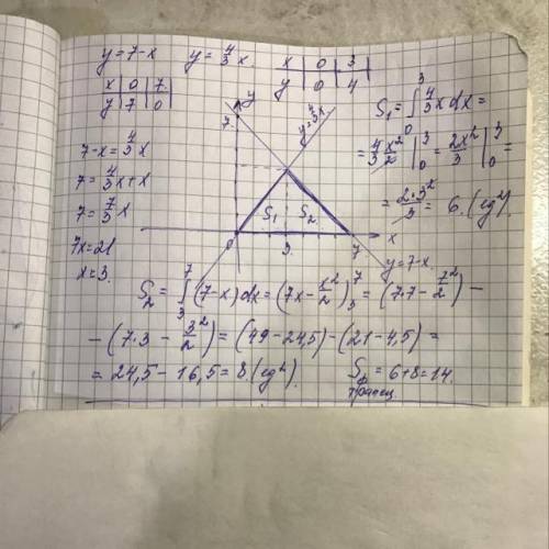 Найти площадь фигуры, ограниченной линиями y= 7-x и y= 4/3