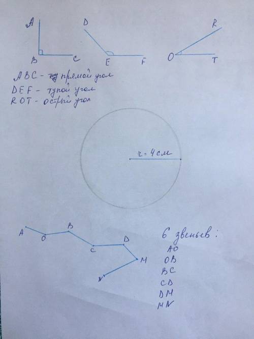 1) Начерти прямой угол, остры,.тупой. 2) Начерти окружность с радиусом 4 см. 3) Начерти ломаную , со