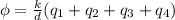 \phi = \frac{k}{d} (q_1+q_2+q_3+q_4)