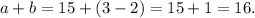 a+b = 15 + (3-2) = 15+1 = 16.