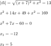 |\vec m|=\sqrt{(x+7)^2+x^2}=13\\ \\ x^2+14x+49+x^2=169\\ \\ x^2+7x-60=0\\ \\ x_1=-12\\ \\ x_2=5