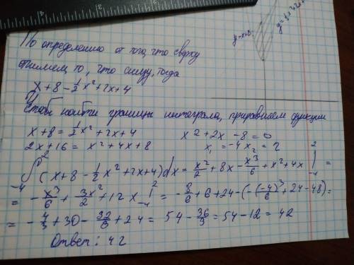 Вычислить площадь фигуры, ограниченной заданными линиями: y = 0.5x^2 + 2x + 4; y = x + 8