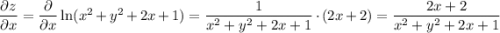 \dfrac{\partial z}{\partial x} = \dfrac{\partial }{\partial x} \ln(x^2+y^2+2x+1) = \dfrac{1}{x^2+y^2+2x+1}\cdot(2x+2) = \dfrac{2x+2}{x^2+y^2+2x+1}