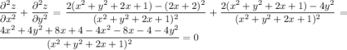 \dfrac{\partial^2 z}{\partial x^2}+\dfrac{\partial^2 z}{\partial y^2} = \dfrac{2(x^2+y^2+2x+1)-(2x+2)^2}{(x^2+y^2+2x+1)^2}+\dfrac{2(x^2+y^2+2x+1)-4y^2}{(x^2+y^2+2x+1)^2} = \dfrac{4x^2+4y^2+8x+4-4x^2-8x-4-4y^2}{(x^2+y^2+2x+1)^2}=0
