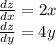 \frac{dz}{dx} = 2x\\\frac{dz}{dy} = 4y